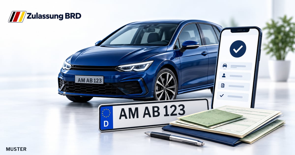 Online Fahrzeugzulassung in Amberg: Musterkennzeichen AM AB 123, Auto und Fahrzeugpapiere und Smartphone. Illustration mit Logo von Zulassung BRD.